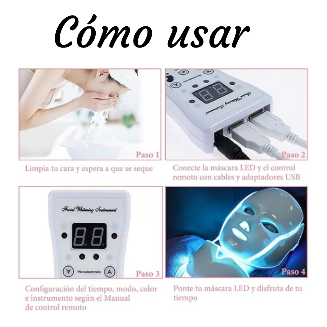 Máscara de luz LED facial y cuello, de 7 colores. Rejuvenece, cuida tu piel, anti acné, voltaje ajustable.