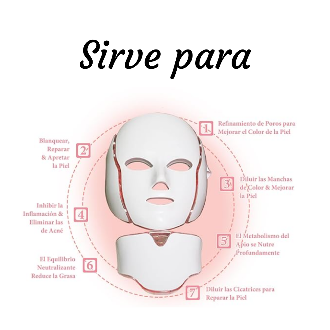 Máscara de luz LED facial y cuello, de 7 colores. Rejuvenece, cuida tu piel, anti acné, voltaje ajustable.