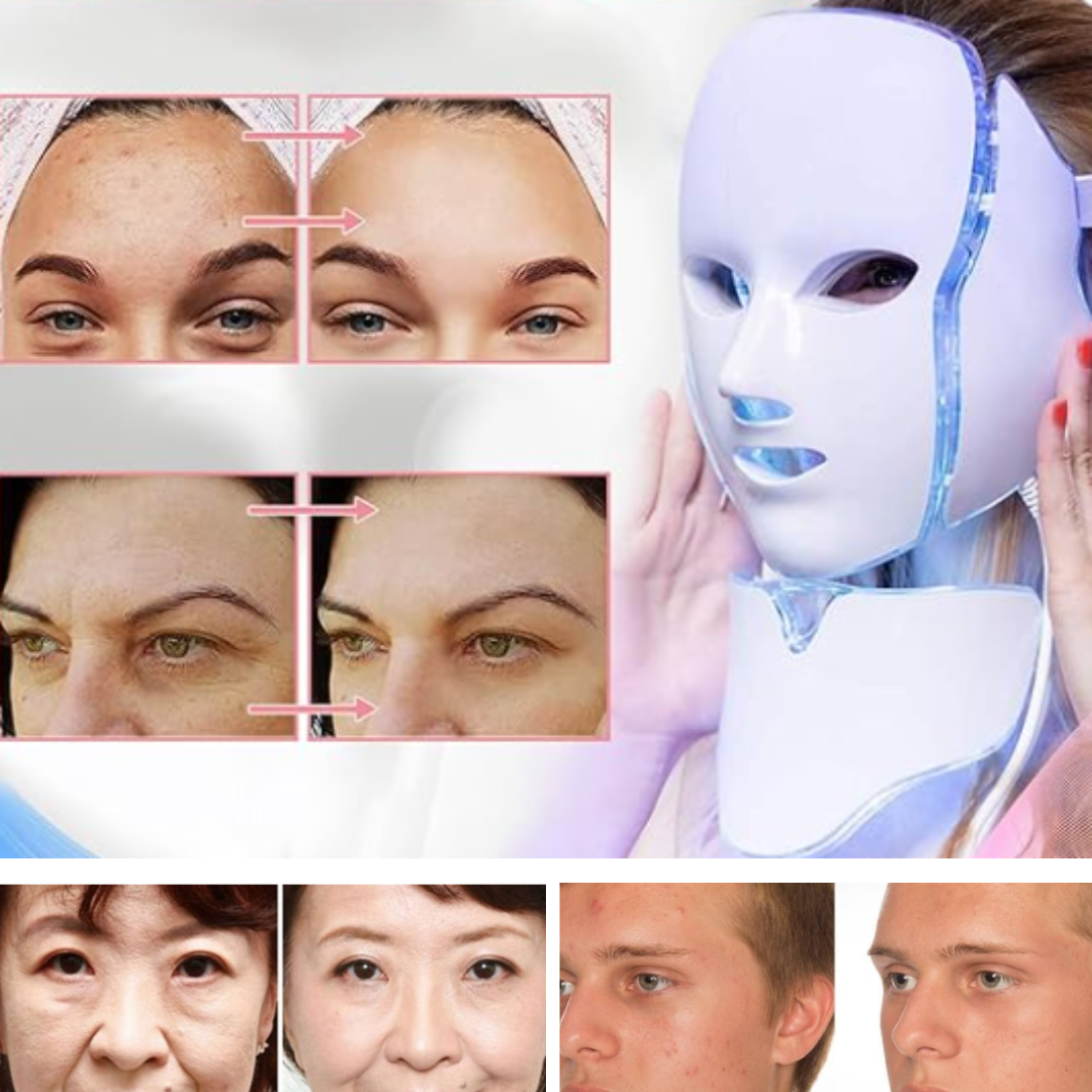 Máscara de luz LED facial y cuello, de 7 colores. Rejuvenece, cuida tu piel, anti acné, voltaje ajustable.