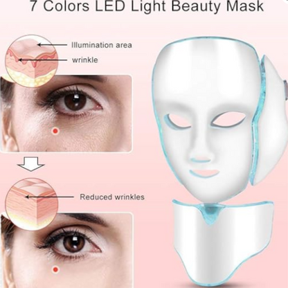 Máscara de luz LED facial y cuello, de 7 colores. Rejuvenece, cuida tu piel, anti acné, voltaje ajustable.