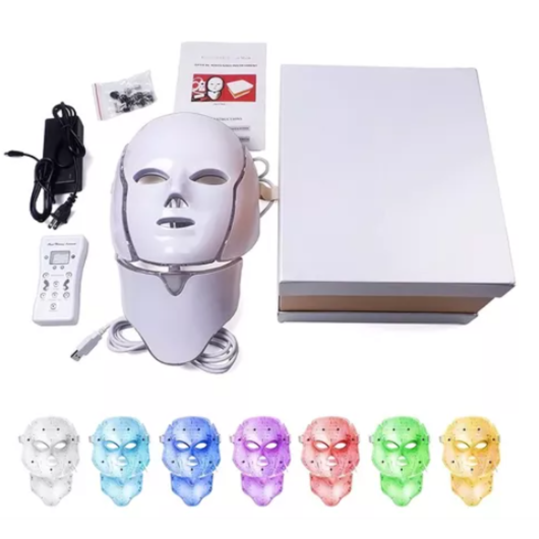 Máscara de luz LED facial y cuello, de 7 colores. Rejuvenece, cuida tu piel, anti acné, voltaje ajustable.